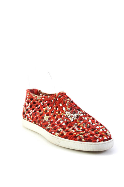 Hermes Womens Back Zip Woven Printed Oxygene Canvas Sneakers Red Multi Size 38