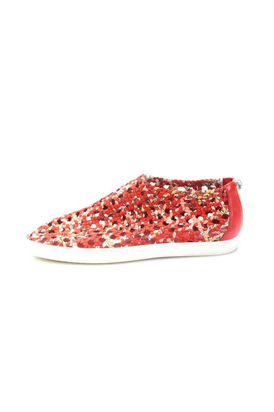 Hermes Womens Back Zip Woven Printed Oxygene Canvas Sneakers Red Multi Size 38