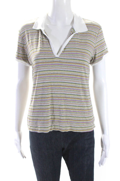 Bogner Womens Short Sleeve Striped Jersey V Neck Polo Blouse Multicolor Medium