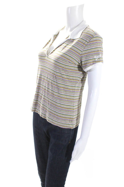 Bogner Womens Short Sleeve Striped Jersey V Neck Polo Blouse Multicolor Medium