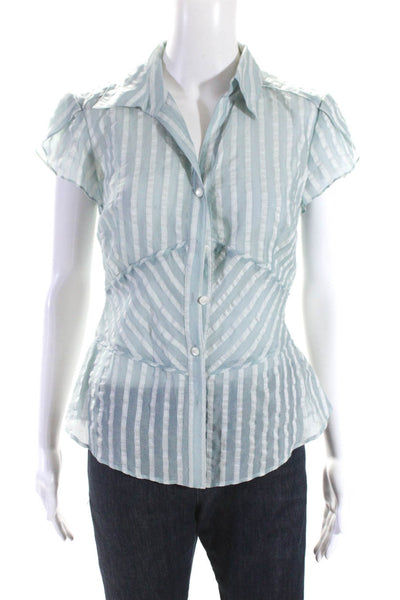 Lafayette 148 New York Womens Stripe Short Sleeve Top Blouse Blue Silk Size 4