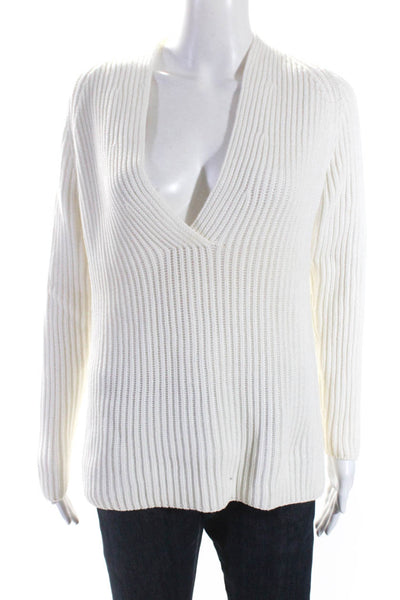 KORS Michael Kors Womens Ribbed V Neck Pullover Sweater White Cotton Size Medium