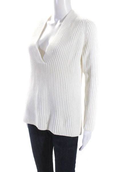 KORS Michael Kors Womens Ribbed V Neck Pullover Sweater White Cotton Size Medium