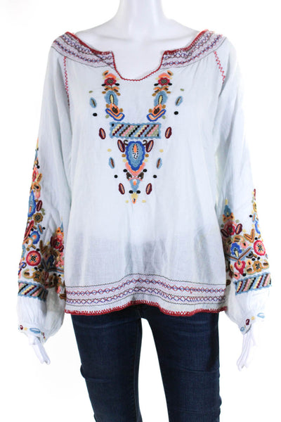 Byla Womens Cotton Long Sleeve Embroidered Tunic Blouse Blue Size M