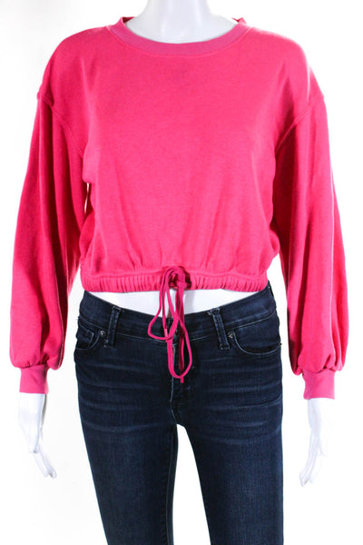 Alice + Olivia Womens Cropped Fleece Drawstring Crew Neck Sweatshirt Hot Pink XS