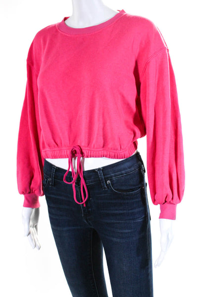 Alice + Olivia Womens Cropped Fleece Drawstring Crew Neck Sweatshirt Hot Pink XS