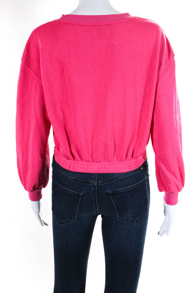 Alice + Olivia Womens Cropped Fleece Drawstring Crew Neck Sweatshirt Hot Pink XS