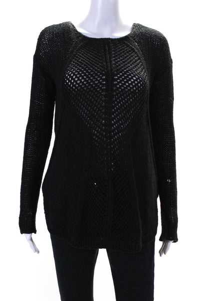 Helmut Lang Womens Open Knit Long Sleeve Asymmetrical Hem Sweater Black Size S