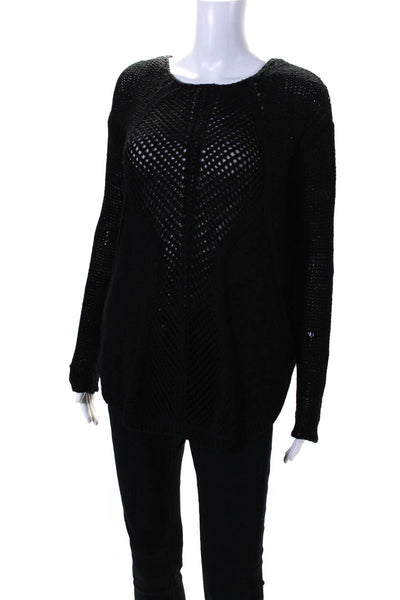 Helmut Lang Womens Open Knit Long Sleeve Asymmetrical Hem Sweater Black Size S