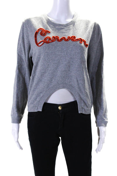 Carven Womens Cotton Fleece Brand Embroidered Cropped Sweatshirt Top Gray Size L