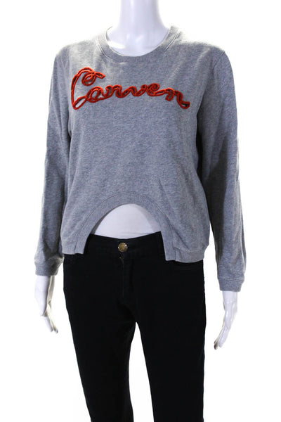 Carven Womens Cotton Fleece Brand Embroidered Cropped Sweatshirt Top Gray Size L