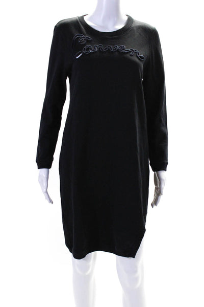 Carven Women Cotton Fleece Notched Hem Long Sleeve Sweatshirt Dress Black Size M