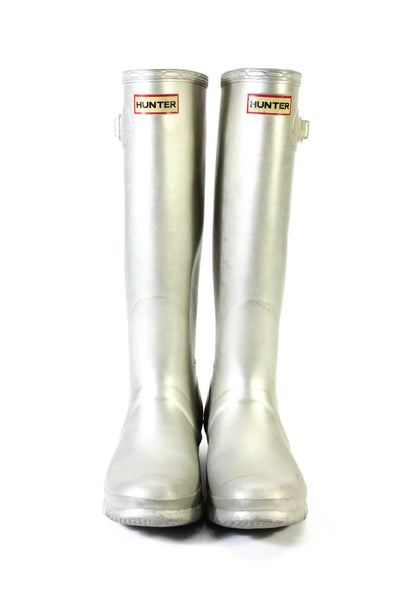 Hunter Womens Rubber Buckle Up Pull On Knee Length Rainboots Silver Size 6M