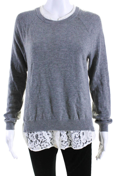 Joie Womens Lace Trim Crew Neck Pullover Sweater Gray White Size Small