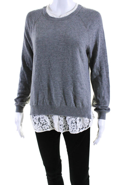 Joie Womens Lace Trim Crew Neck Pullover Sweater Gray White Size Small