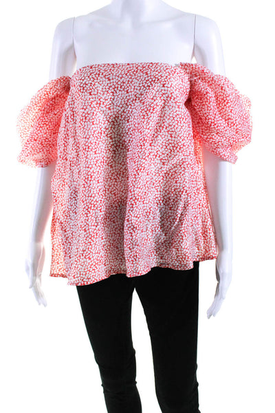 Club Monaco Womens Short Puff Sleeve Printed Top Blouse Red White Size 8