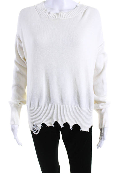 525 Womens Distressed Crew Neck Pullover Sweater White Cotton Size Extra Small