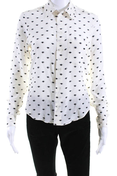 Kenzo Womens Button Front Collared Looking Silk Shirt White Black Size FR 34