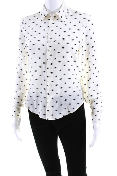 Kenzo Womens Button Front Collared Looking Silk Shirt White Black Size FR 34