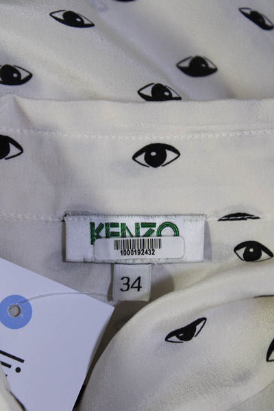 Kenzo Womens Button Front Collared Looking Silk Shirt White Black Size FR 34