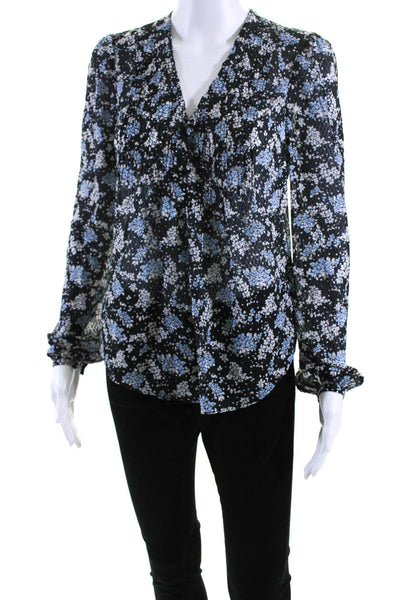 Veronica Beard Womens Long Sleeve V Neck Silk Speckled Top Navy White Size 2