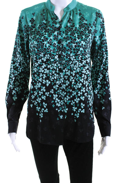 Bob Mackie Womens Button Front V Neck Floral Silk Shirt Green Black Size XS