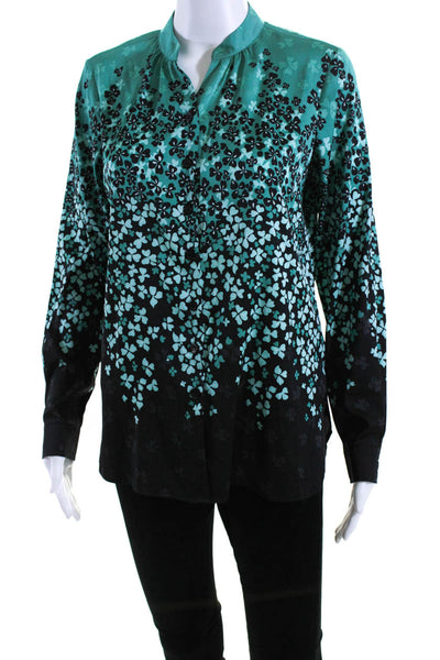 Bob Mackie Womens Button Front V Neck Floral Silk Shirt Green Black Size XS