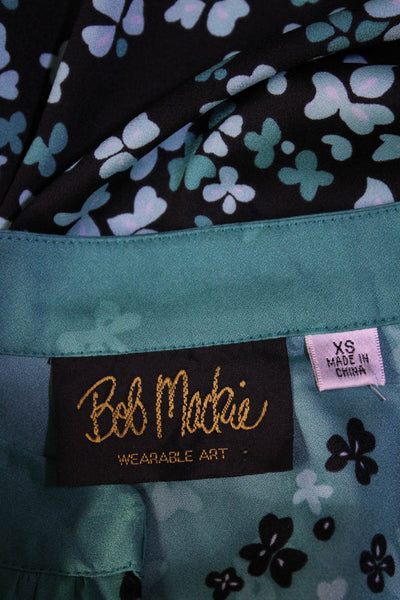 Bob Mackie Womens Button Front V Neck Floral Silk Shirt Green Black Size XS