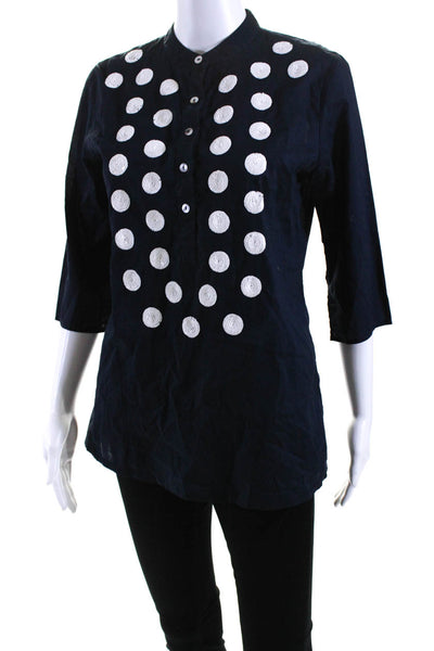 Figue Womens Button Front 3/4 Sleeve Crew Neck Sequin Shirt Navy Cotton Size XS