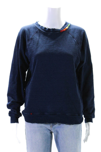 I.S.MB.S Womens Cotton Embroidered Distressed Crewneck Top Navy Size XS/S