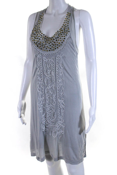 Interlud Womens Sleeveless Scoop Neck Mesh Crystal Trim Dress Gray Size Medium