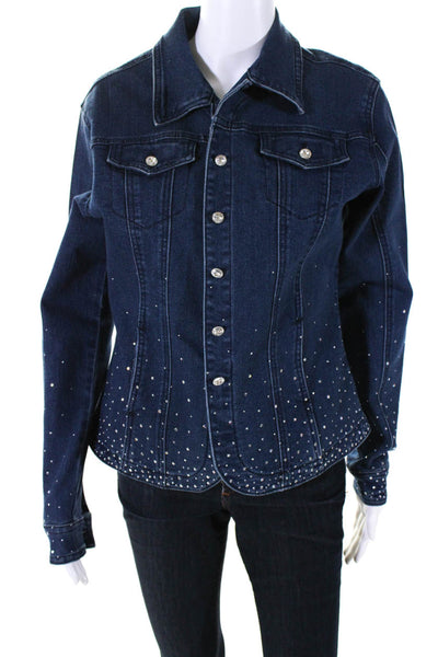 Christine Alexander Womens Denim Jeweled Button Down Jacket Blue Size Medium