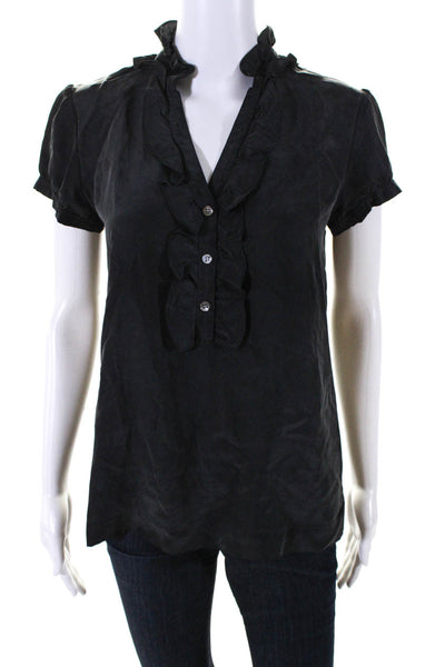 Theory Womens Dark Gray Silk Ruffle V-Neck Short Sleeve Blouse Top Size S