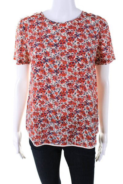 Rebecca Taylor Womens Orange Silk Floral Crew Neck Zip Back Blouse Top Size 4