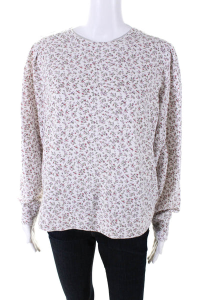 Rails Womens White Cotton Floral Crew Neck Puff Long Sleeve Sweater Top Size L