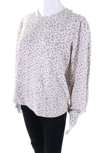 Rails Womens White Cotton Floral Crew Neck Puff Long Sleeve Sweater Top Size L