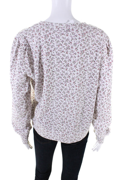 Rails Womens White Cotton Floral Crew Neck Puff Long Sleeve Sweater Top Size L