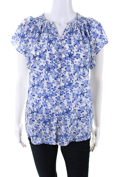 Rebecca Taylor Womens Blue Floral Silk Crew Neck Short Sleeve Blouse Top Size 6