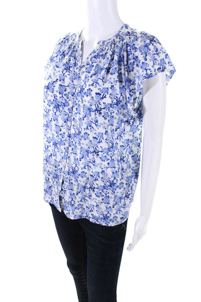 Rebecca Taylor Womens Blue Floral Silk Crew Neck Short Sleeve Blouse Top Size 6