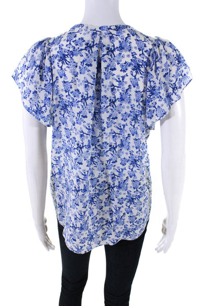 Rebecca Taylor Womens Blue Floral Silk Crew Neck Short Sleeve Blouse Top Size 6