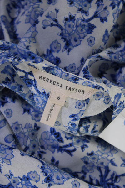 Rebecca Taylor Womens Blue Floral Silk Crew Neck Short Sleeve Blouse Top Size 6