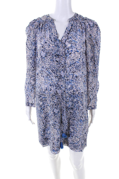 Rebecca Minkoff Womens Blue Printed Silk Tie Waist Long Sleeve Shift Dress Size0