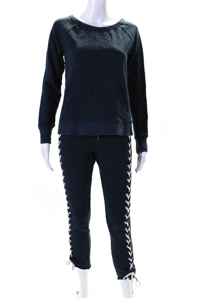 Pam & Gela Womens Cotton Long Sleeve Lace-Up Sweatshirt Pants Set Navy Size S