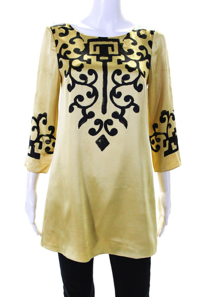 Tibi Womens Silk Abstract Print Back Button Long Sleeve Tunic Top Yellow Size 0