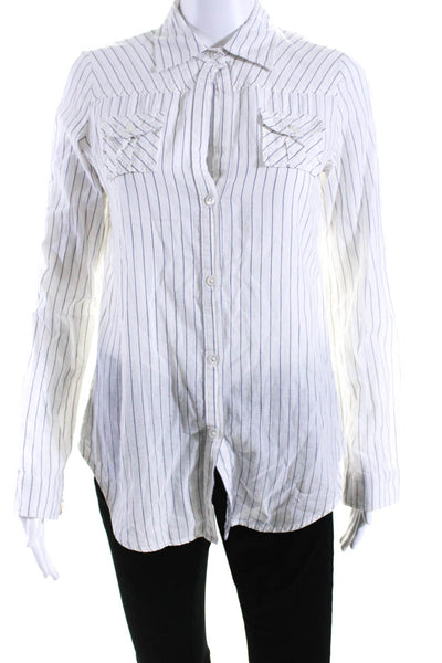 Elizabeth and James Womens Striped Button Down Shirt White Blue Size Small