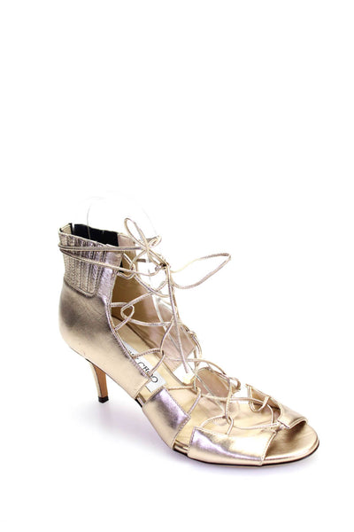 Jimmy Choo Womens Gold Leather Strappy Lace Up Heels Sandals Shoes Size 7