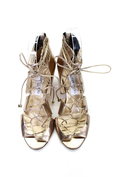 Jimmy Choo Womens Gold Leather Strappy Lace Up Heels Sandals Shoes Size 7