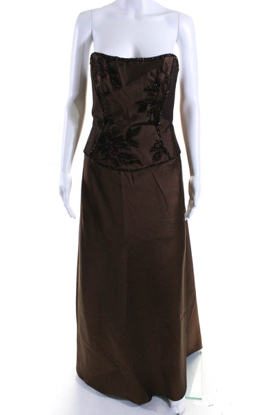 Liancarlo Womens Brown Beaded Floral Strapless Zip Back Gown Dress Size 8