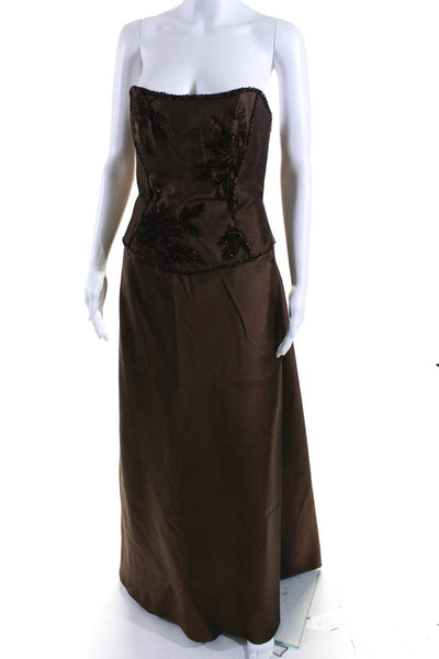 Liancarlo Womens Brown Beaded Floral Strapless Zip Back Gown Dress Size 8