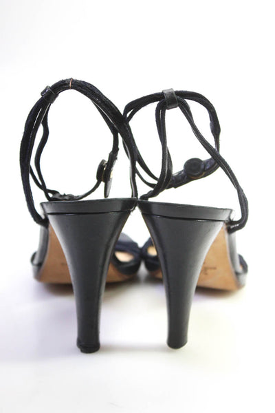 Valentino Couture Womens Black Leather Ankle Strap Heels Sandals Shoes Size 10.5